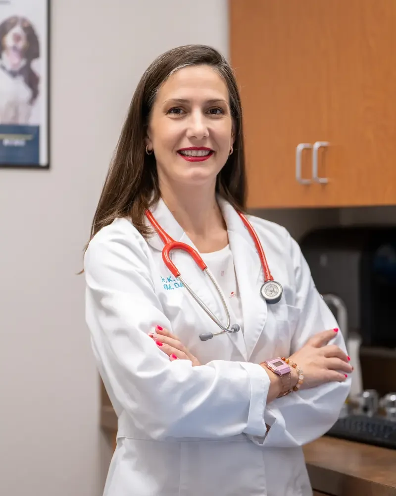 Dr. Kerrie Lewis, veterinary anesthesiologist, monitoring a small dog patient with a veterinary technician